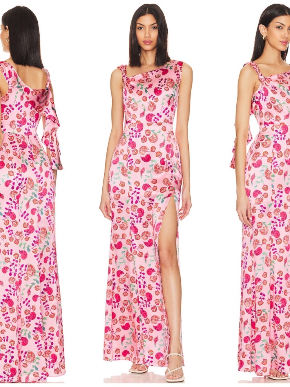 Saloni Leona Printed Silk Asymmetric Neck Maxi Gown Ammonite Rose - Size US 4